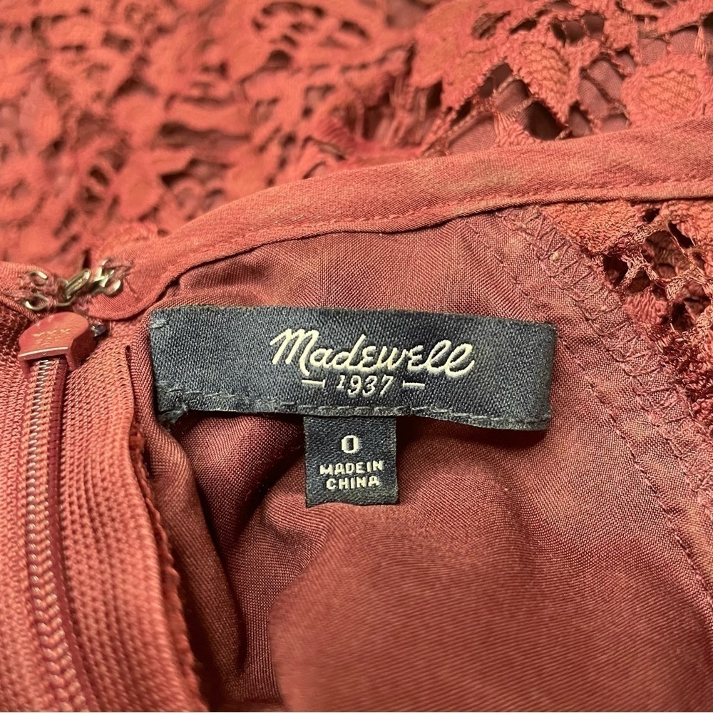 Madewell Magnolia Lace Overlay Short Sleeve Mini Dress in Burgundy Maroon 0 - Picture 6 of 11